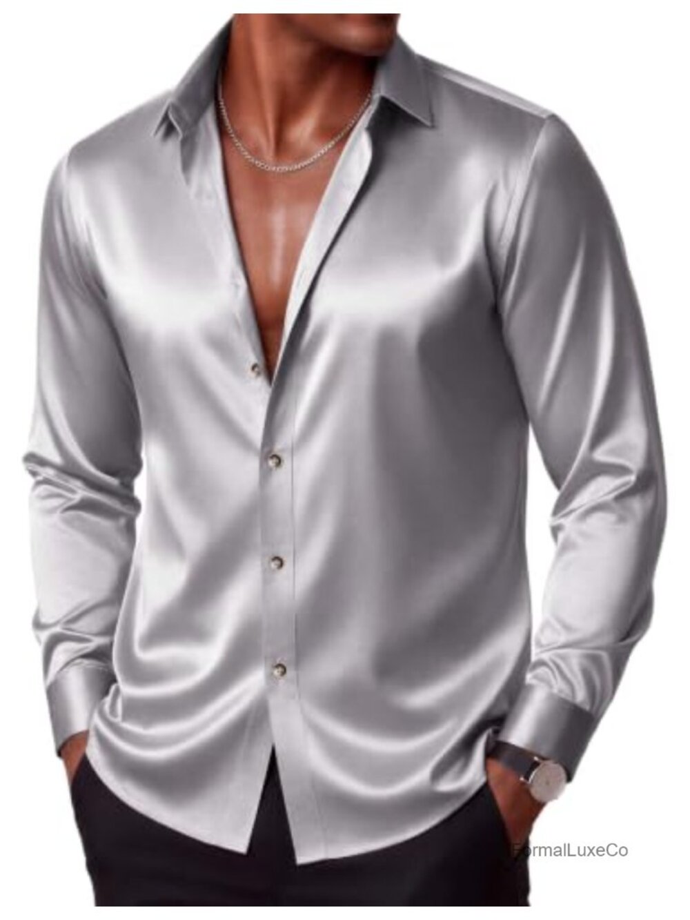 Men's Silk Satin Long Sleeve Button Down Dress Shirt Regular Fit